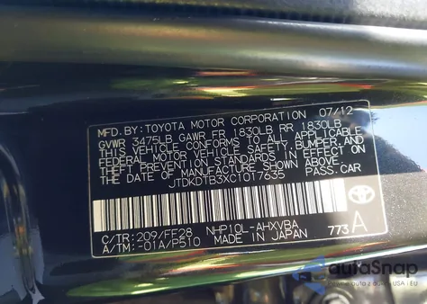 2012 Toyota Prius C Two from USA, damaged, VIN JTDKDTB3XC1017635